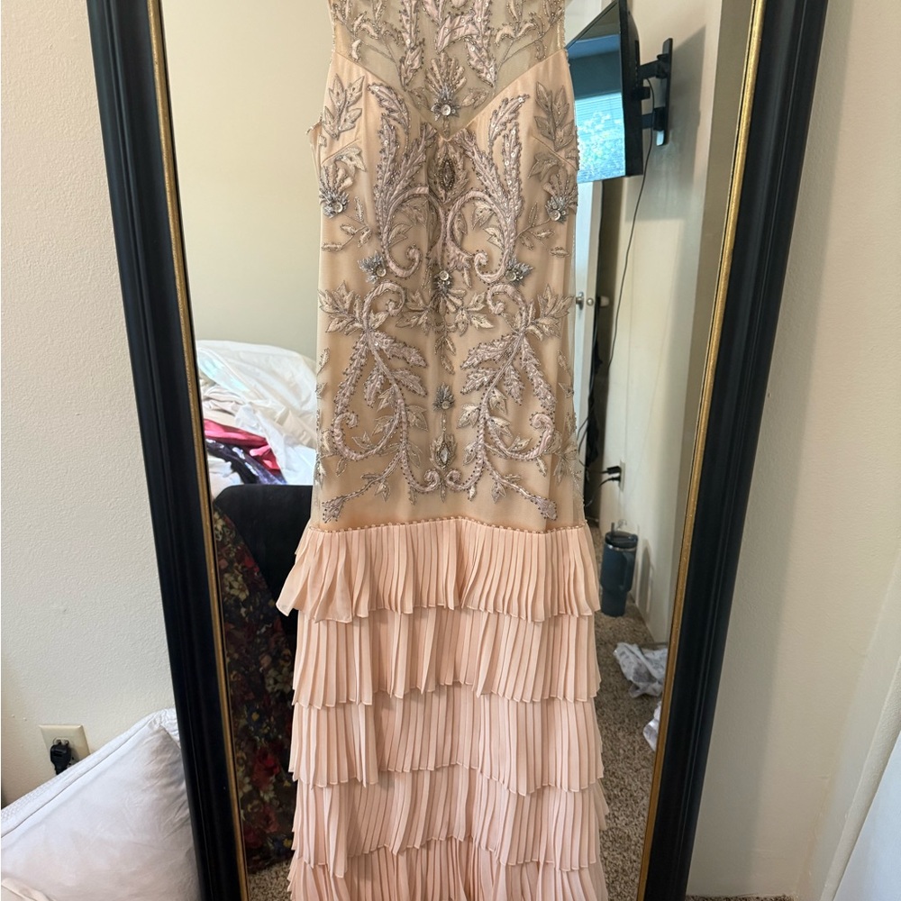 Sue Wong Pink Ruffled Tiered Halter Gown